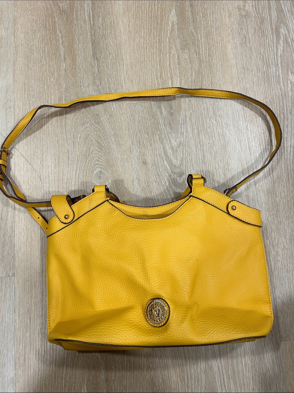 Anne Klein Yellow Pebbled Leather Shoulder Bag with Logo Medallion